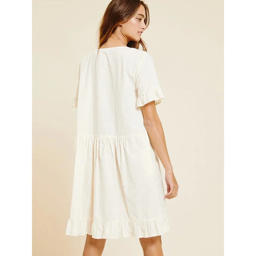 White Ivory Smocked Square Neck Ruffle Hem Dress - Picture 3 of 4